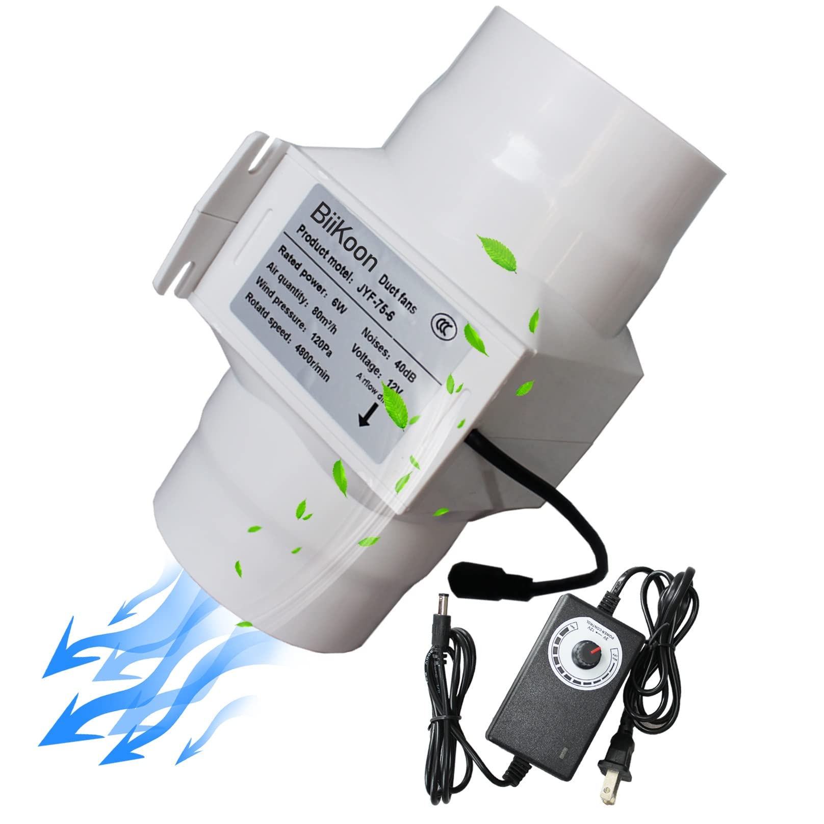 Wentylator kanałowy z tworzywa sztucznego, 3 cale, mocny wiatr, 6 W, 12 V DC, regulowana prędkość, wentylator o zmiennej prędkości, dyfuzor powietrza, wentylator wyciągowy do so
