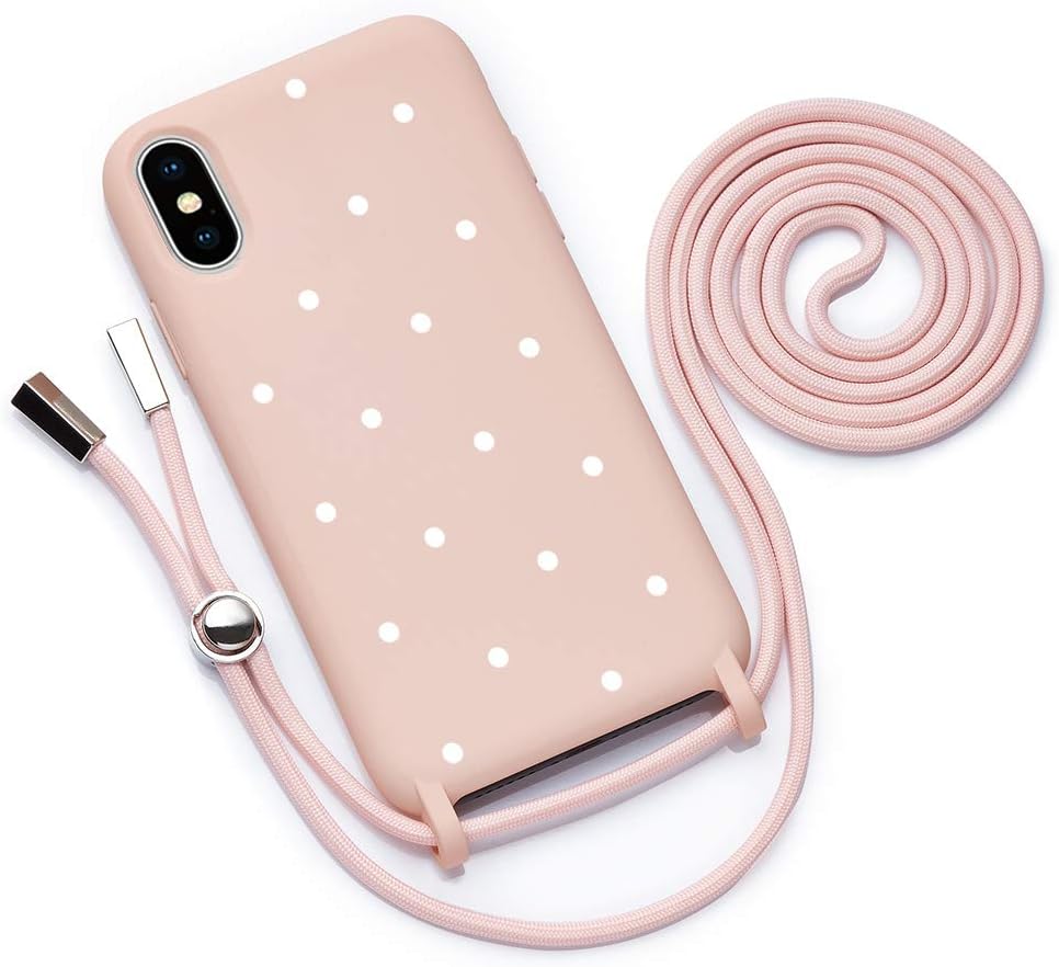 Phone Case with Necklace Cord Phone Cover Compatible with iPhone X (10)/iPhone Xs Soft Silicone Crossbody Protective Case Shockproof and Resistant Phone Covers Green with Polka DotsPastel Pink