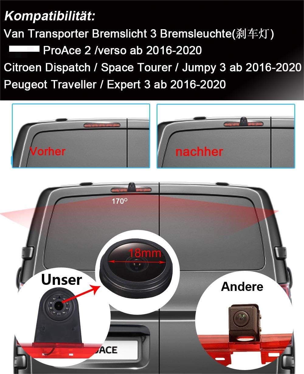 18 mm górny obiektyw, górne światło hamowania, widok z tyłu, kamera cofania, kamera cofania, kamera parkingowa + monitor TFT LCD 4,3 cala do Toyota ProAce/Verso/Citroen Dispatch/Space Tourer/Jumpy/Peugeot Traveller/Expert