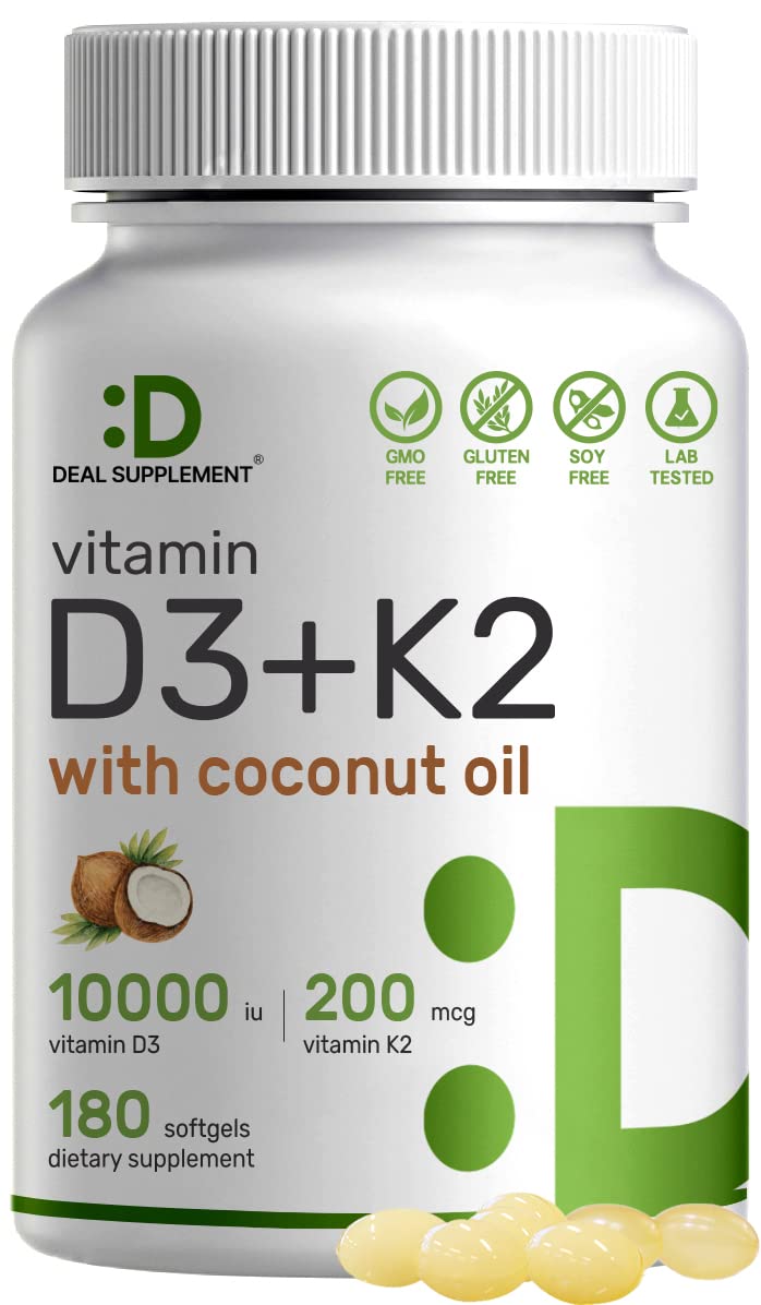 Sponsored Ad - Vitamin D3 10,000 IU + K2 MK7 200 mcg, Infused with Virgin Coconut Oil, 180 Softgels, Double Strength Vitam...