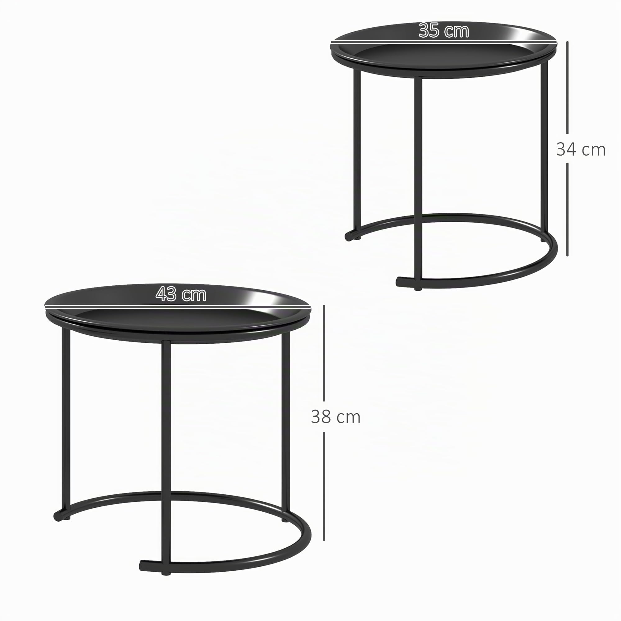 HOMCOM Juego de 2 mesas Nido con Marco de Acero para salón, Negro | Mesa auxiliar, bandeja extraíble para mesa, para dormitorio