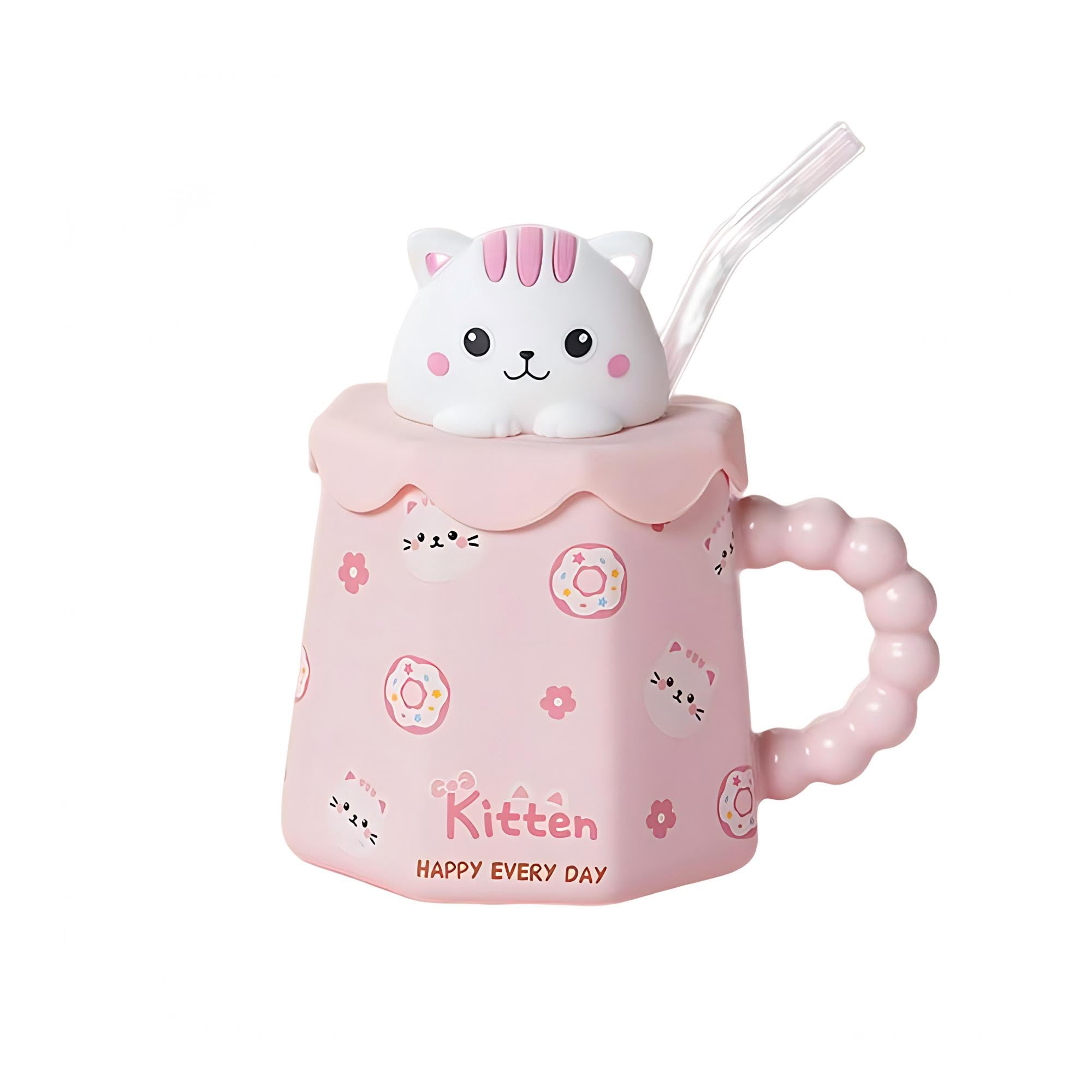 View 1 of 14 Oz Kawaii Ceramic Tea Coffee Cup Mugs w/Straw Animal Stuff -Pink-Cat