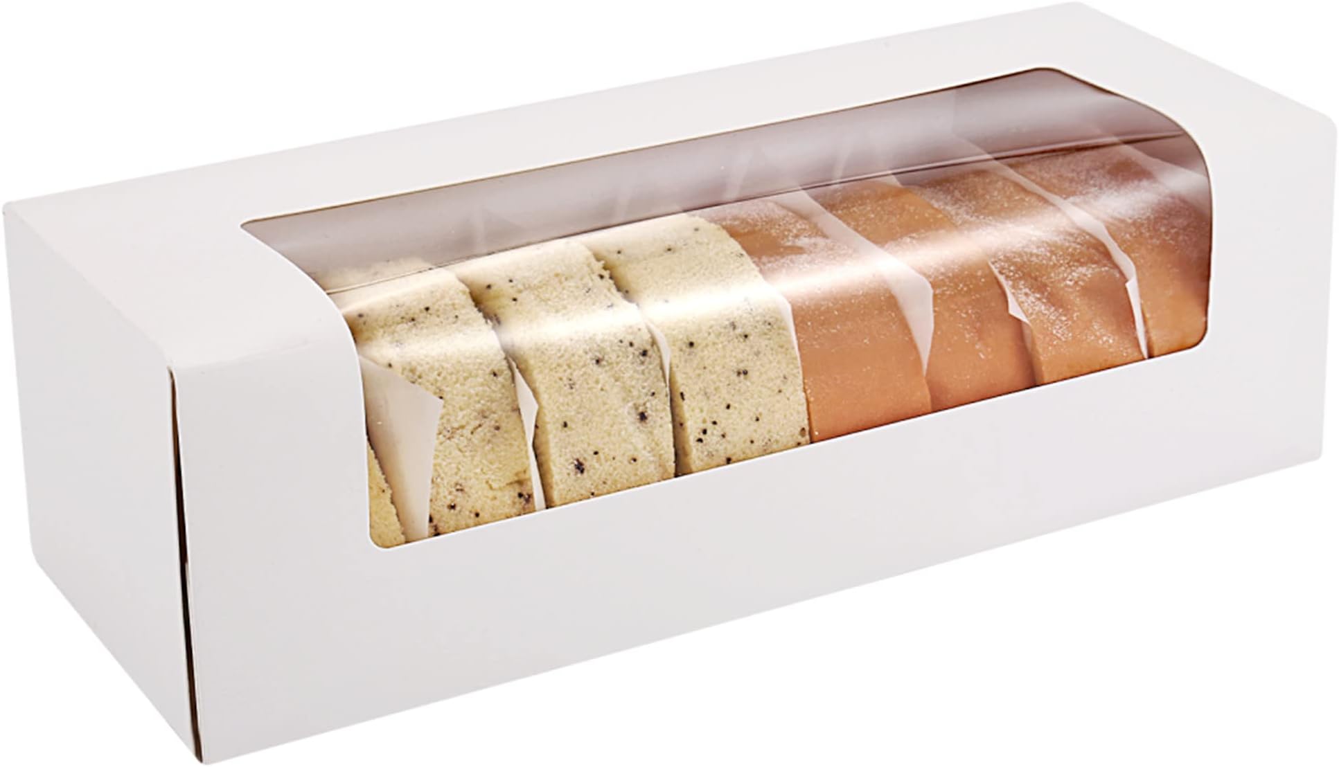 RIFMEAE 24-Pack 12" x 4" x 3.5" Roll Cake Boxes, Loaf Pumpkin Roll Boxes, White Bakery Boxes with Window, Auto-Popup Pastry Boxes