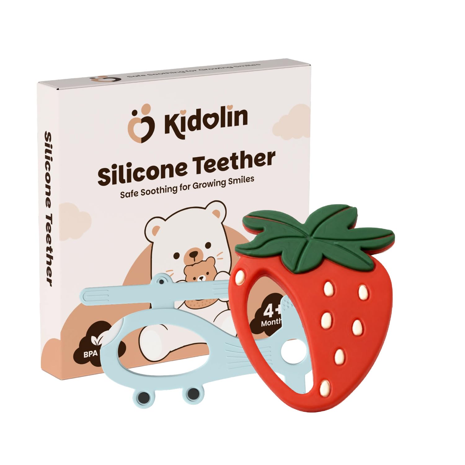 Baby Teether Pack of 2 | Silicone Teether for Baby, BPA Free Food Grade Silicone Baby Teething Toys | Soft Easy Grip Gum Relief Chew Toy for 4+ Months Infants (Helicopter & Strawberry)-image-24