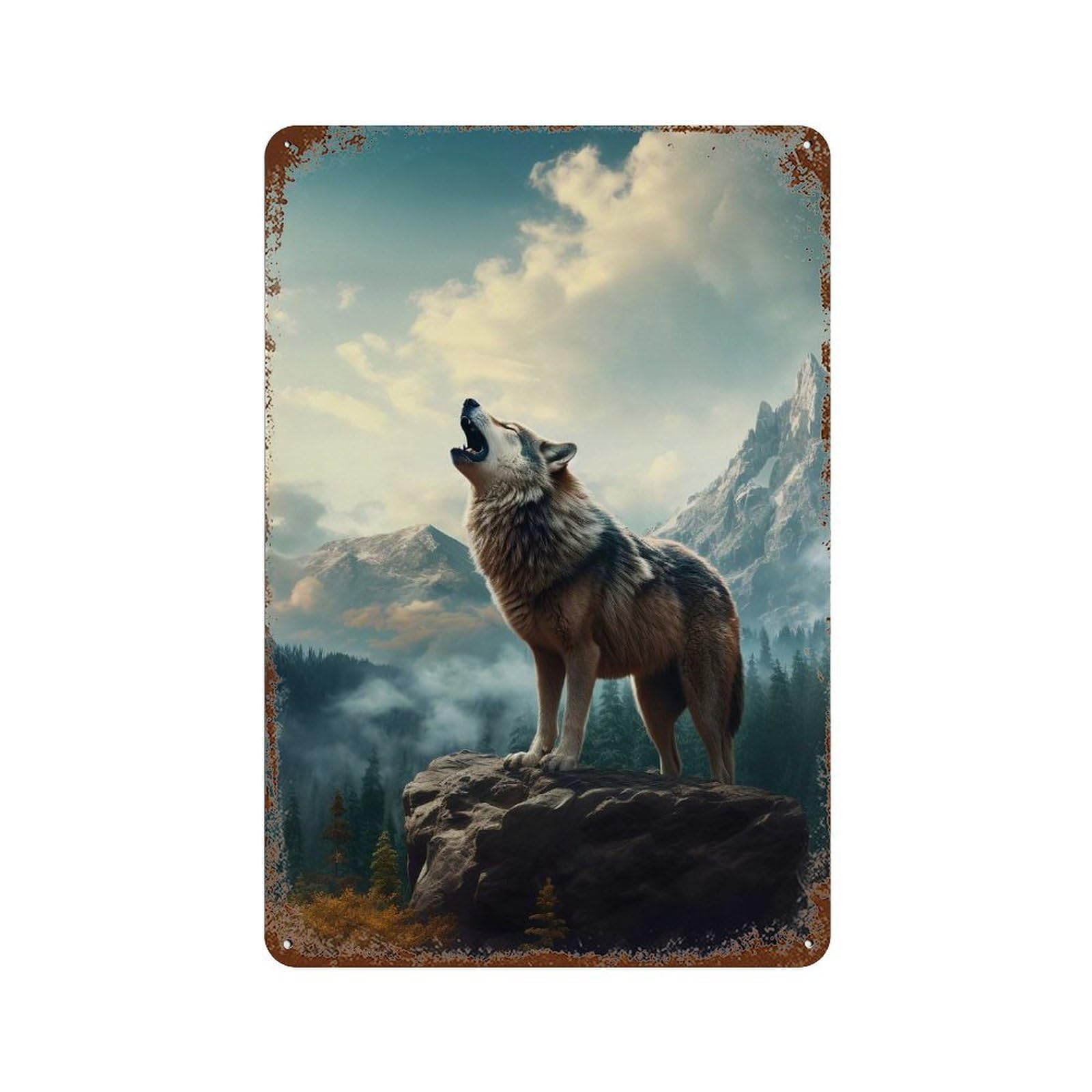 Wolf Mountains 2 Distressed Metal Wall Sign 11.8"x7.9", Ideal for Patio, Garden Room And Bar Decor