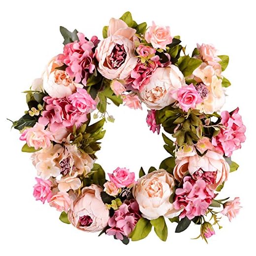 25+ Gorgeous Pink Christmas Wreaths to Adorn Your Home 2 Lvydec Artificial Peony Flower Wreath - 15" Pink Flower Door Wreath Spring with Green Leaves for Front Door, Wedding, Wall, Home Decor