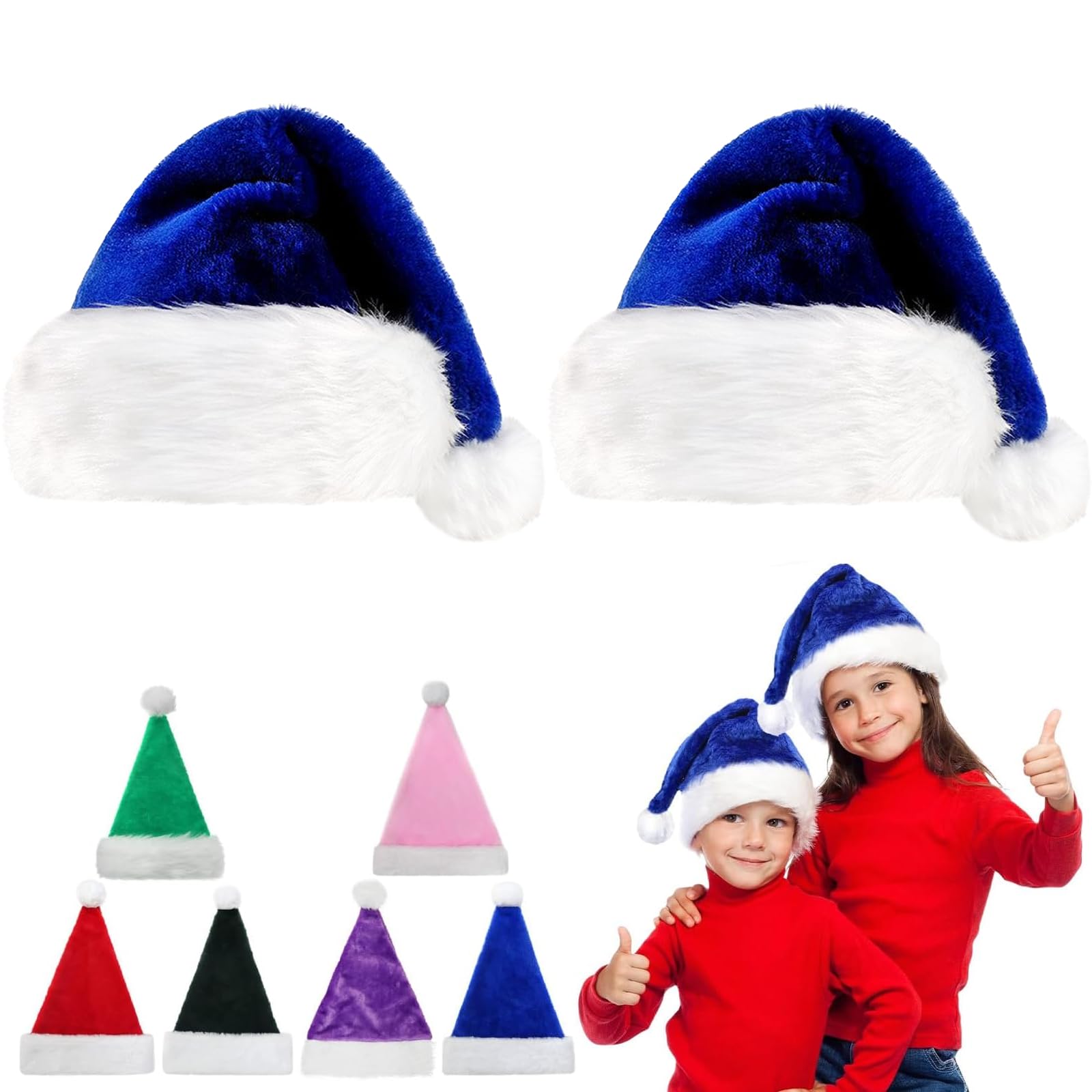 38cm Christmas Hats Santa Hat for Kids,2P Deluxe Velvet Xmas Santa Claus Hat,Unisex Children Velvet Comfort Christmas Party Hat Thicken Classic Fur for New Year Festive Christmas Party Supplies(Blue)