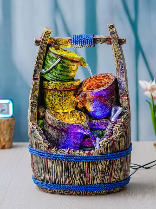 Image of Polyresin Bucket Design Tabletop 3 Steps Indoor Water Fountain for Home Decor with LED Light, Speed Controller Pump (Size: 25 x 31 x 50.5CM |Color: Multi | Weight: 4000 Gram)
