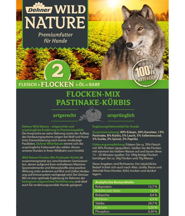 Dehner Wild Nature Hundefutter Flocken-Mix, Trockenfutter getreidefrei, BARF-Ergänzungsfutter, für ausgewachsene Hunde, Pastinake / Kürbis, 1 kg