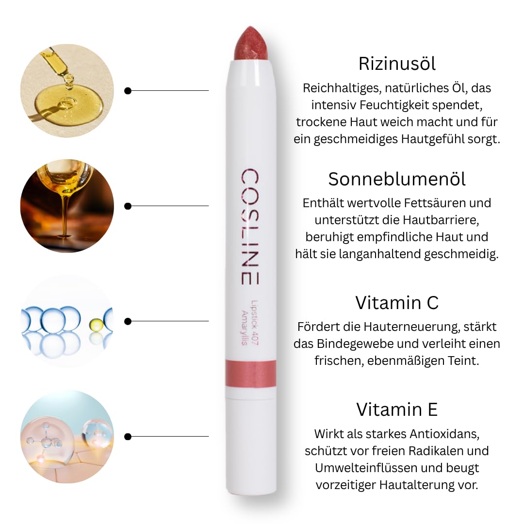 COSLINE Lippenstift Amaryllis 407, Frischer Rotton Mit Glanz, Hohe Deckkraft, Pflegend, Vegan, Made in Germany