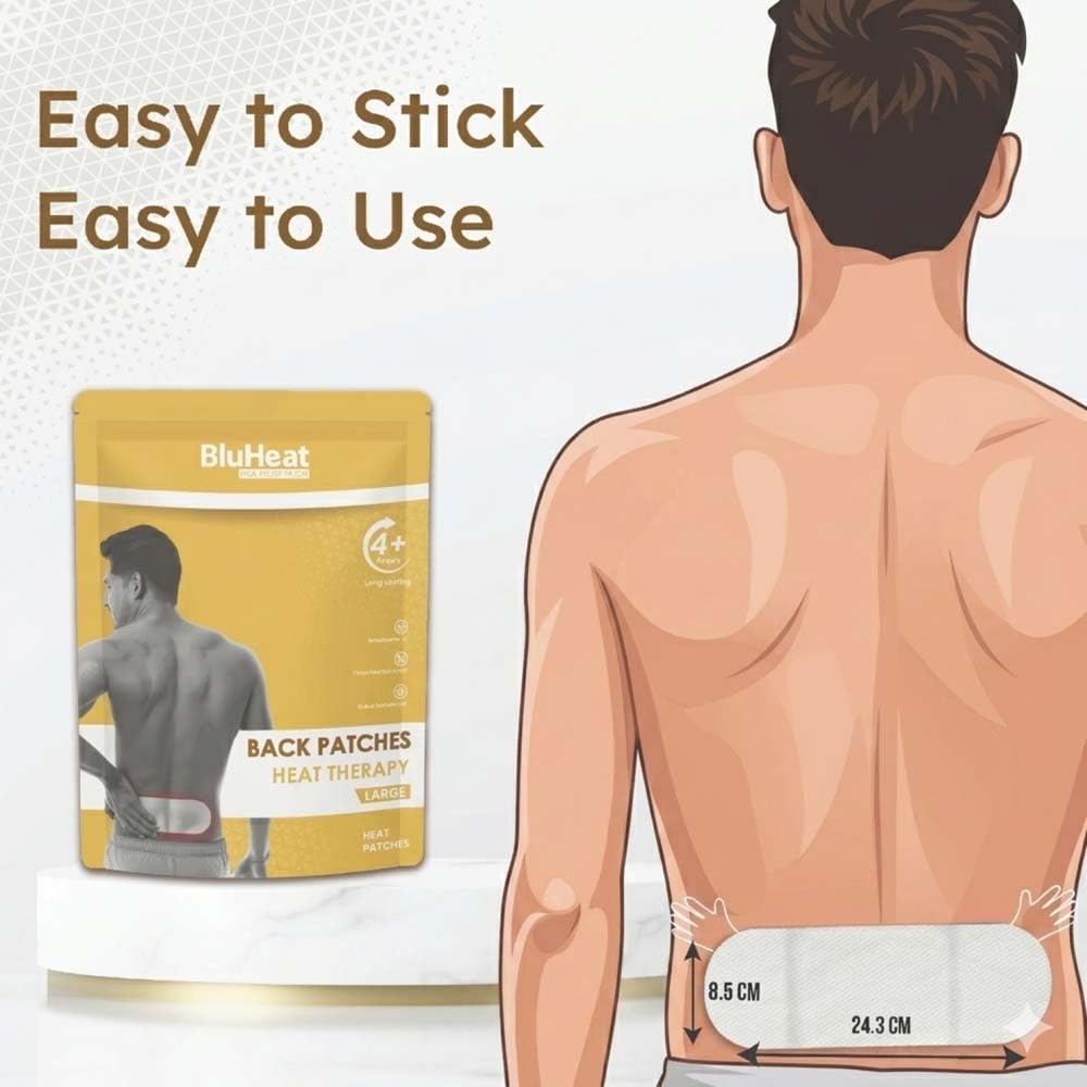 BluHeat Back Pain Relief Patches (Pack of 4 pcs Large) 4+ Hours of Heat Therapy, Safe and Natural Odour-Free Air-Activated, Long-Lasting Ultimate Substitution of hot Water Bags, ON the GO 3