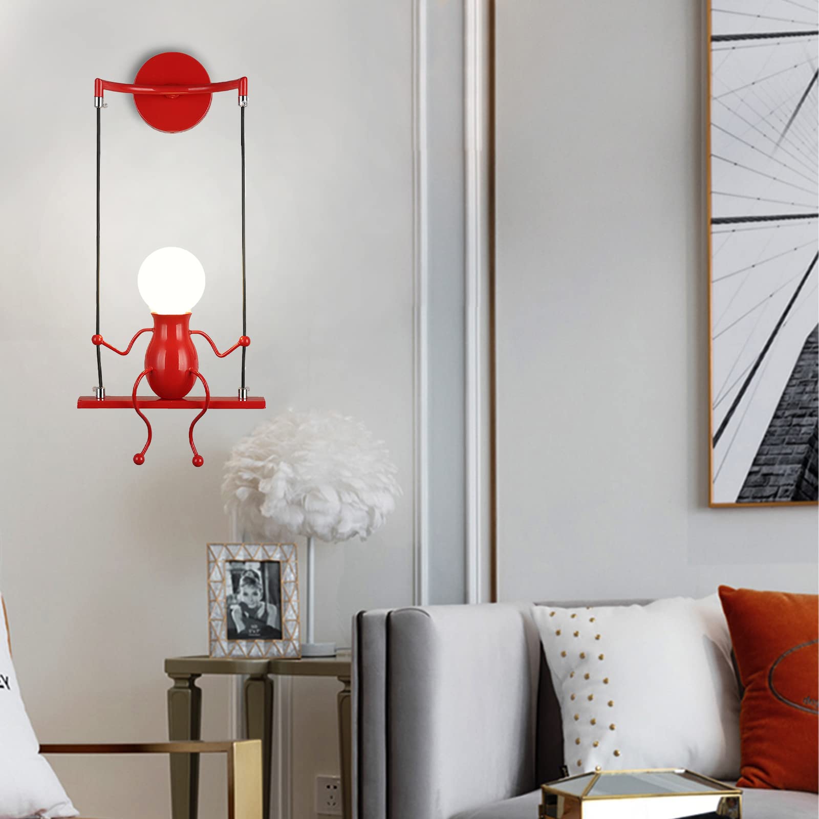 Lampade da parete per soggiorno Applique da parete creativa del fumetto della camera da letto moderna che accende Lampade da comodino regolabili a LED Regalo per bambini 1×E27 (Rosso)