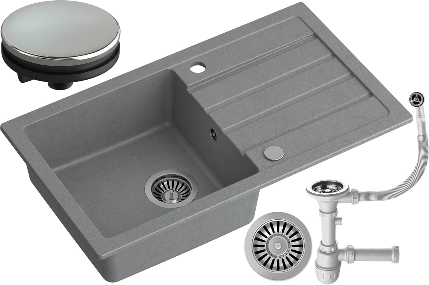 MyQ Fregadero de granito | tamaño: 77 x 44 x 17,5 cm, color: gris | SEUL 11 Fregadero de cocina Fregadero de una cubeta con escurridor y sifón manual | para armarios a partir de 50 cm