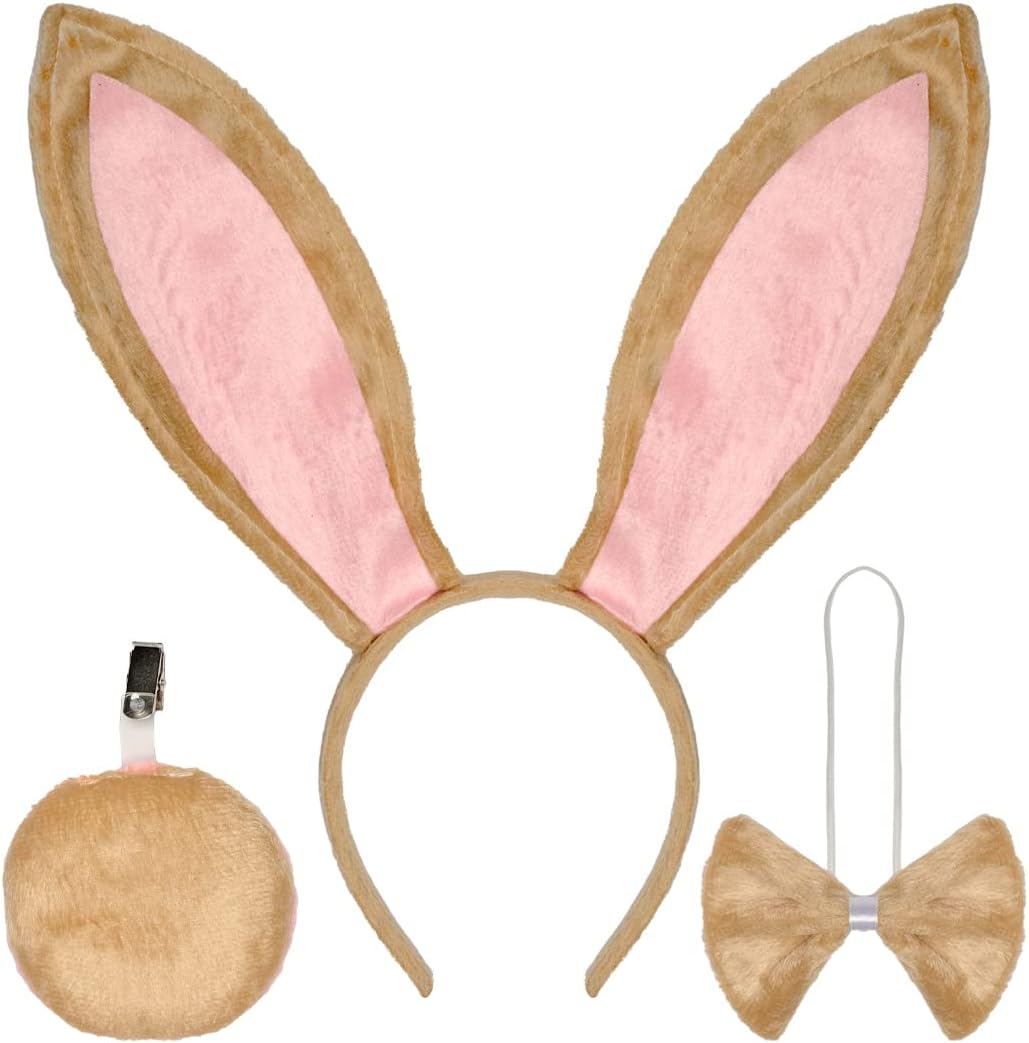 Brown Bunny Ears and Tail Set – Rabbit Costume Accessories with Bendable Ears Headband, Tail and Bowtie for Adults - Rabbit Costume on Parties