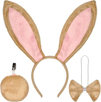 Funcredible Brown Bunny Ears and Tail Set Rabbit Costume Accessories with Bendable Ears Headband, Tail and Bowtie for Adults - Rabbit Costume on Parties