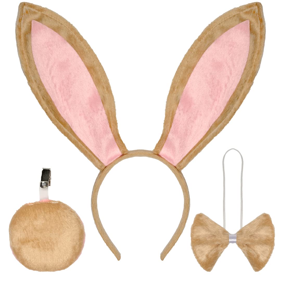FuncredibleBunny Ears and Tail Set - Rabbit Costume Accessories - Bendable Rabbit Ears Headband, Tail and Bowtie for Kids, Women and Men - Bunny Costume Kit