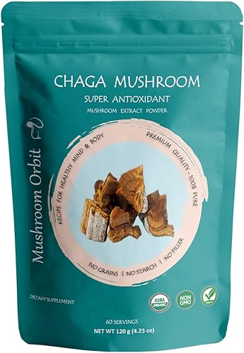 Polvo de extracto de hongos orgánicos Chaga  Extracto de hierbas  100% puro de cuerpo fructífero  4.23 onzas, 60 porciones.