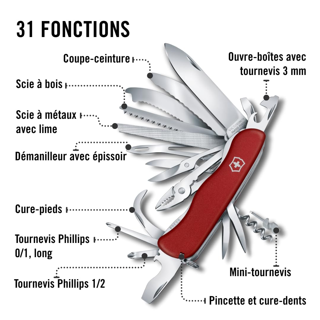 Victorinox Work Champ Couteau de Poche Suisse, Couteau Multifonction, 31 Fonctions, Grande Lame Fixe, Tire Bouchon, Rouge