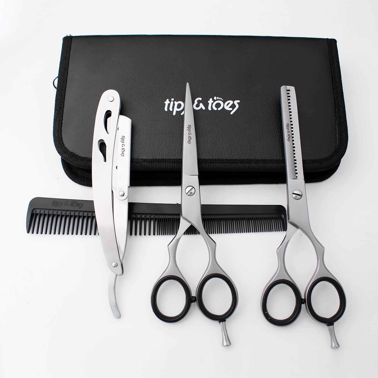 Tips&Toes Professional Barber Set-1xRazor Shear,1xThinning Shear,1xStraight Razor,1xHair Comb-Super Cut