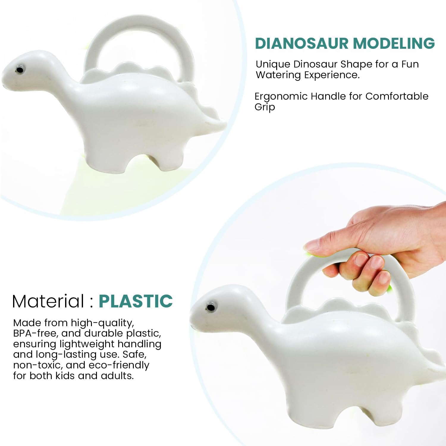 Go Hooked Plastic Dinosaur Shape 1 Liter Kids Watering Can for House Plants & Garden Plants Roar Some Gardening Dino Shaped Delight Garden Time Travel (Pack of 1, White, 1 Liter)