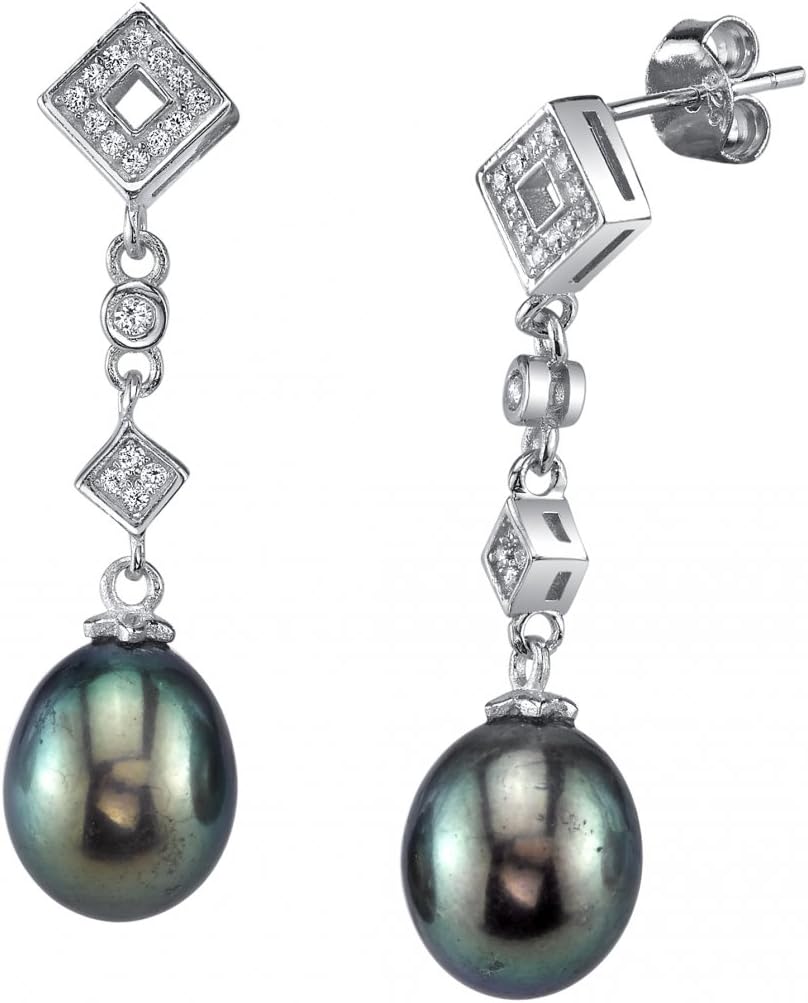 THE PEARL SOURCE 9-10mm Genuine Baroque Black Freshwater Cultured Pearl & Cubic Zirconia Shape Earrings for Women