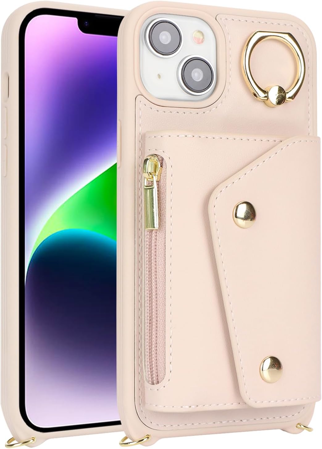for iPhone 14 Plus Case with Card Holder and Strap - Zipper Pocket,Crossbody Lanyard Strap,Credit Card Holder,Stand Ring,Cute Phone Wallet Case for Women(Beige,6.7 Inch) - Image 8