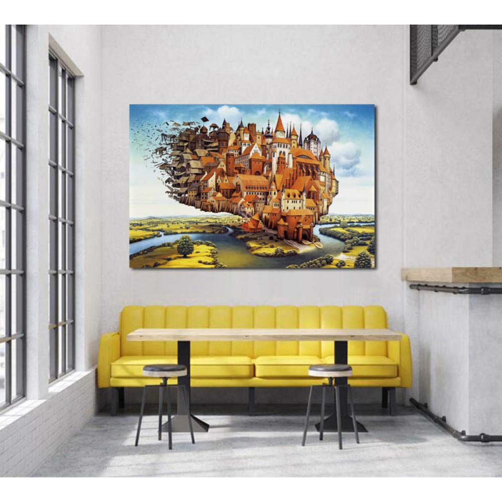 N / ACanvas decorative prints Beautiful scenery jacek yerka cities flying town fantasy living room home wall art decor wood frame fabric posters-50x70cm