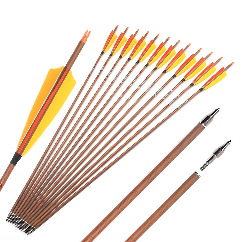 ACCMOS 12pz Frecce per Tiro con L'Arco ID 6,2 mm Spine 350 400 450 500 600 700 800 Simil Legno Freccia in Puro-Carbon 5" Piuma di Tacchino Freccia da Cacci (Spine 700, 31inch)
