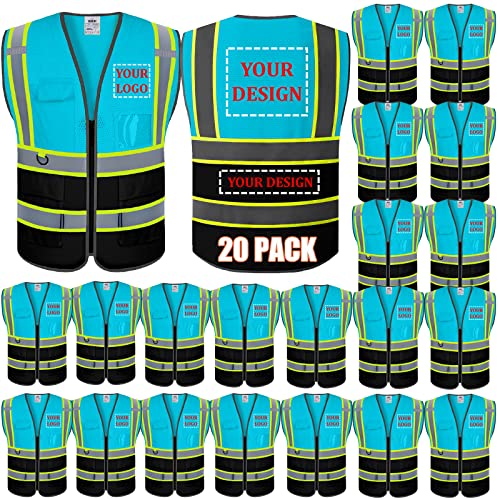 Custom Logo 20 Pack Mesh Safety Vest Class 2 High Visibility Vest with Pockets Breathable Construction Vest Blue Black