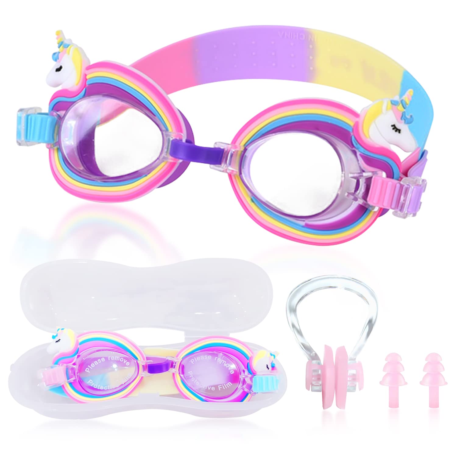 BEIIEB 1 par de gafas de natación en caja con 1 juego de clip para la nariz para tapones para los oídos, gafas de natación de dibujos animados, antivaho, anti UV, para niños, adolescentes