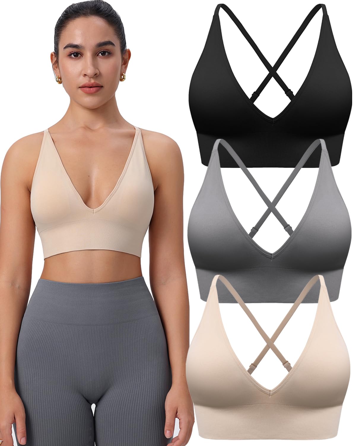 Evercute Reggiseni Sportivi da Donna Regolabili con Scollo a V Profondo Reggiseni Senza Fili Cinghia di Spaghetti Incrociati Imbottiti a Basso Supporto Reggiseni Sexy