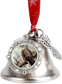 Christmas Bell Ornaments with Love/Wing Pendants, Watercolor of Hawk Sitting Silver Metal Jingling Bells for Xmas Tree Decor, Vintage Hanging Bells for Holiday Home Wall Decor Wing Bell