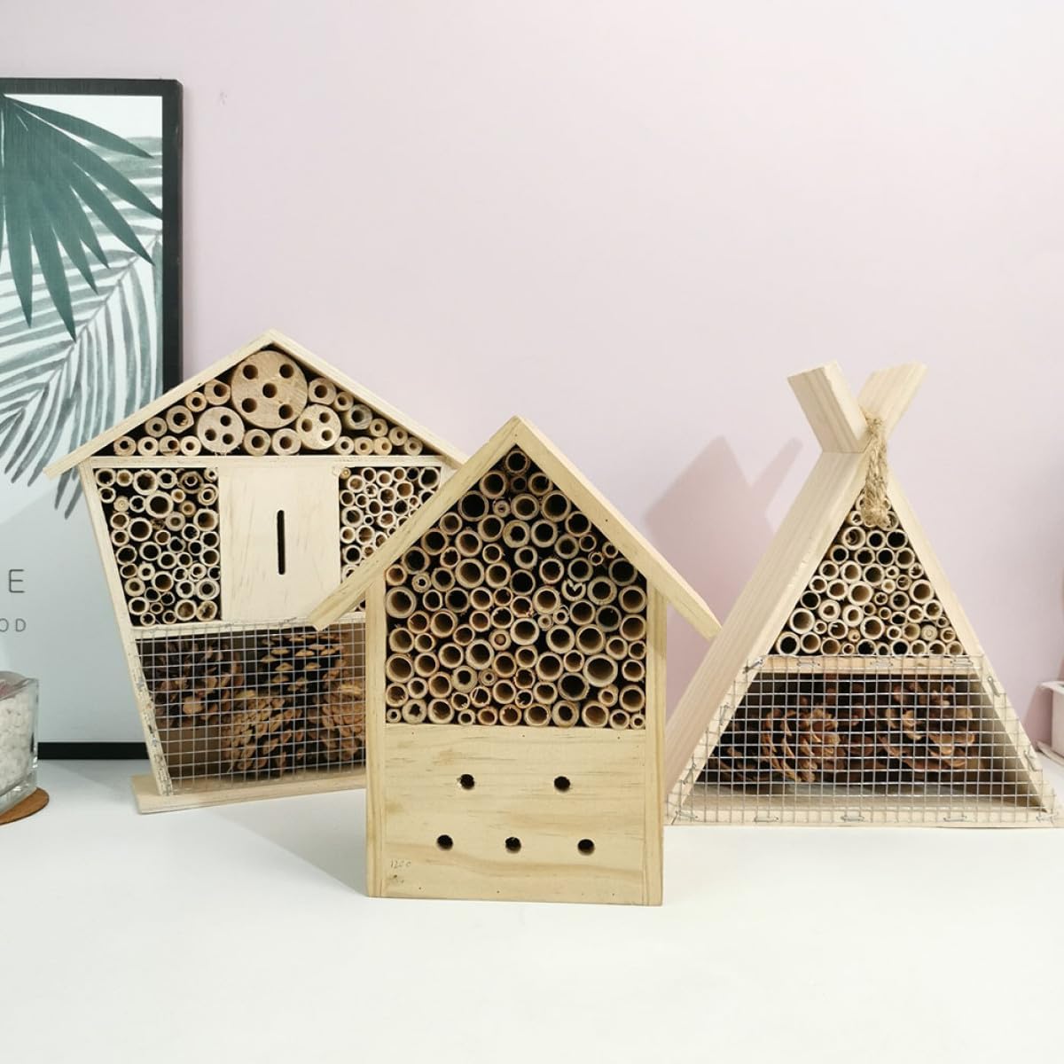 Wooden Bee House and Hanging Bee Hive for Outdoor Garden 2pcs for Pollinators and Insect Habitat