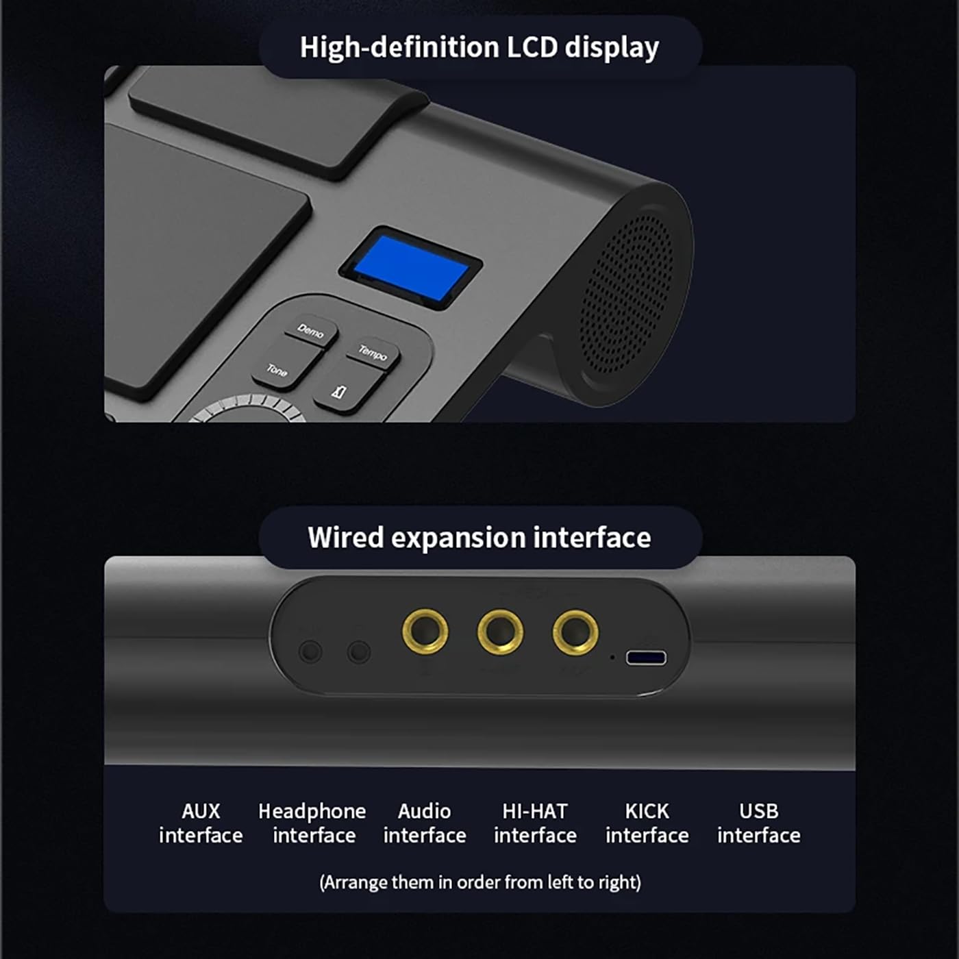 Campione di percussioni con display LCD, Drum Pad MIDI portatile, 9 pad sensibili alla velocità, strumento elettronico ricaricabile USB per bambini