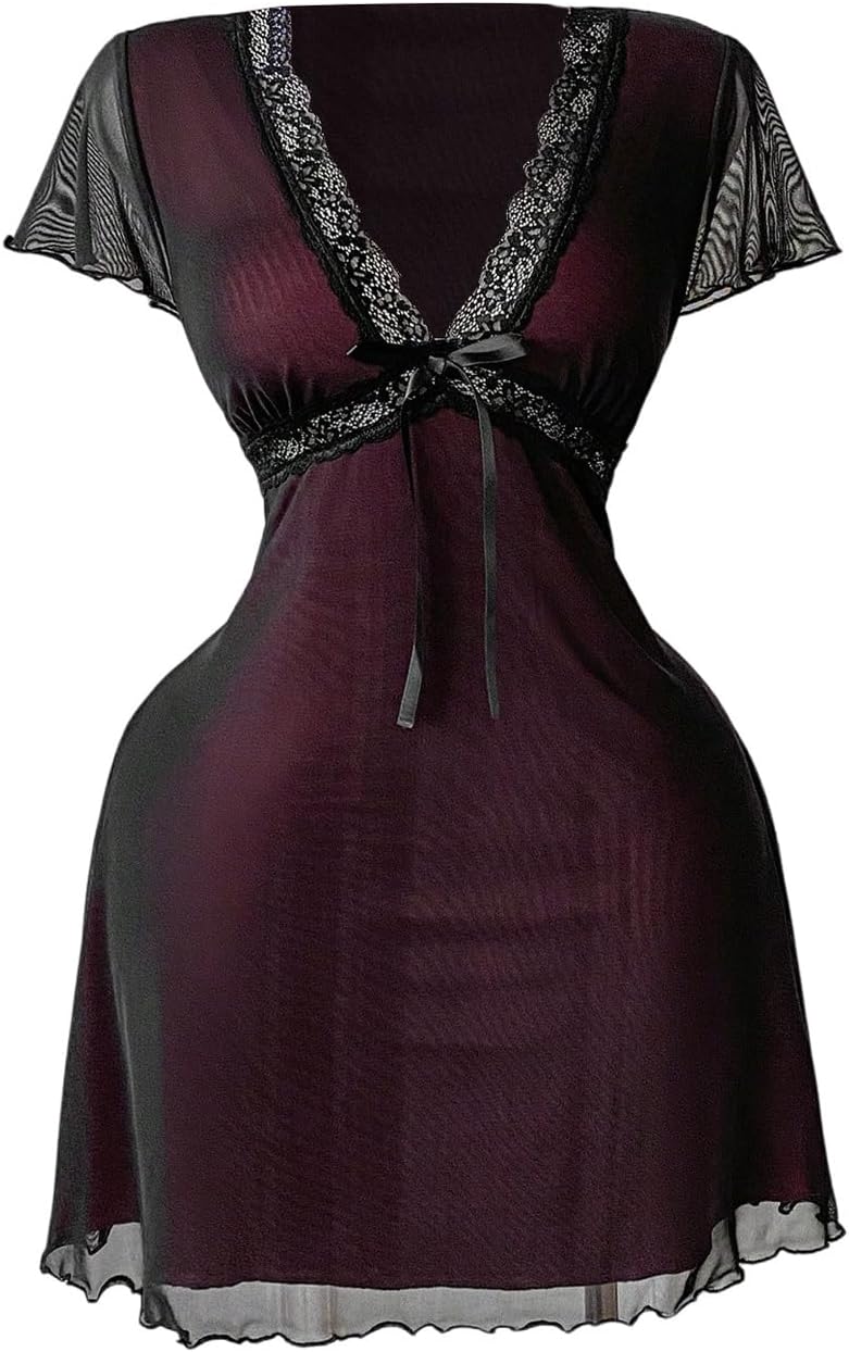 Women's Plus Size Y2k Floral Lace Gothic Dress Mesh Goth A Line Mini Dresses Grunge Punk Short Dresses