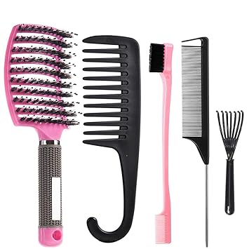 5 Pieces Boar Bristle Hair Brush Set, Curved Vented Detangling Hair Brush with Wide Tooth Comb, Rat Tail Combs, Edge Brush, Brush Cleaner for Women Men Kids, Curly Hair Brush Paddle Brush for Curly Straight Wet or Dry Black Natural Hair (Pink, A-Style)