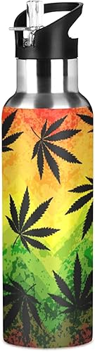 HJJKLLP Weeds Leaf Rasta Colors - Botella de agua deportiva con tapa con pajilla, doble pared aislada al vacío, botella de agua de acero inoxidable