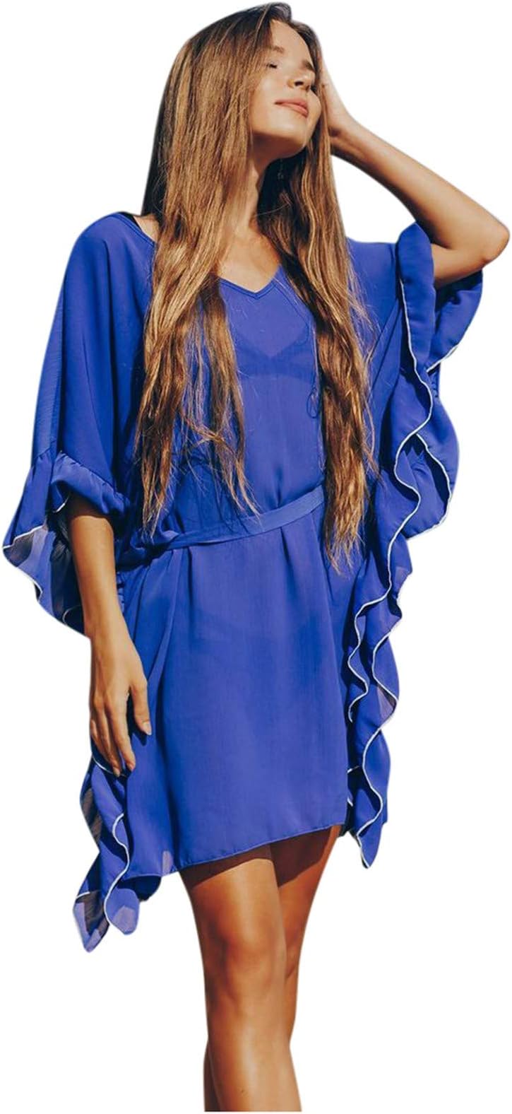 UOGE Women DressRuffle Sleeve LooseBanquetCasual Dresses (Blue, Free Size)