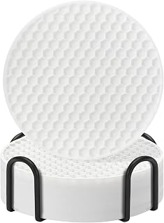 Coasters Set of 6 with Holder,Coasters for Drinks,Coffee Table Decor Coaster,Suitable for Kinds Cups,Anti-Slip,Non-Stick,Silicone Cup Coaster and Living Room Decor (6 Pcs, White)