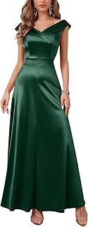 Women's Vintage 1950s V Neck Satin Cocktail Bridesmaid Floor Length Dress - Buy now