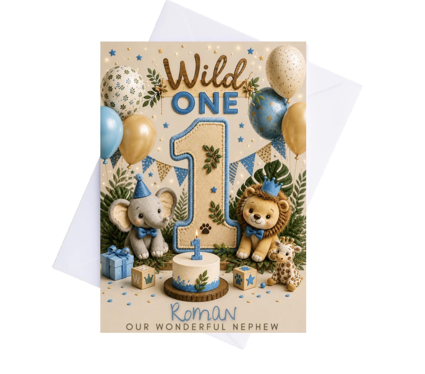 Personalised Wild One 1st Birthday Card for Nephew Grandson Son – Cute Safari Jungle Animals Baby Boy Age 1 Greeting Card – Elephant Lion Giraffe First Birthday Keepsake Card with Name