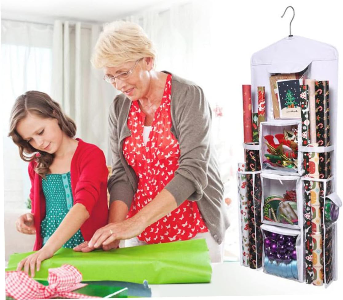 Christmas Wrapping Paper Organizer 37.40x5.51 Inch, Large Capacity Wall Hanging, Double Sided Clear with 10 Pockets, Wrapping Paper Organizer
