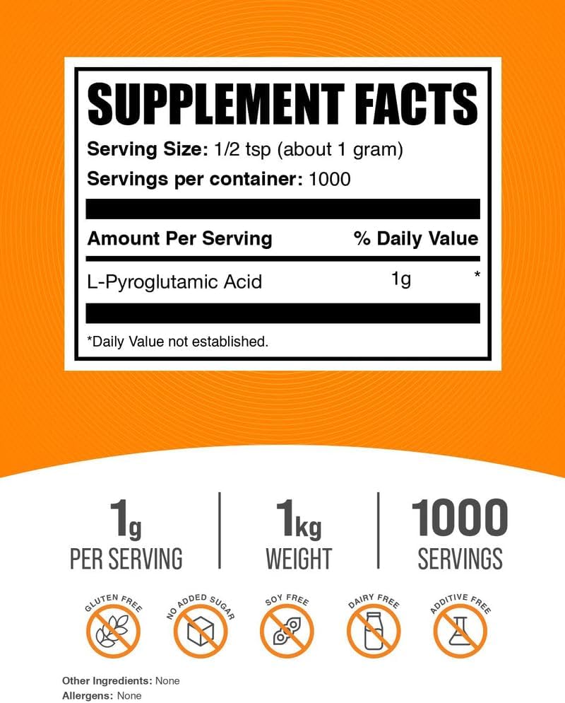 BulkSupplements.com L-Pyroglutamic Acid Powder - Pyroglutamic Acid Supplements, Amino Acid Supplement - for Well-Being, Gluten Free, 1g per Serving, 1kg (2.2 lbs) (Pack of 1)