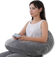QUEENROSE Reading & Gaming Lap Pillow with Armrest - Soft Velvet Grey U-Shaped for Bed Sofa Reading Crocheting Posture Support
