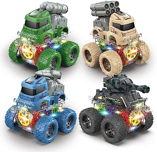Yamaester Monster Trucks for Boys Light Up 4 Pack Push and Go Inertia Friction Powered Cars Pull Back Vehicles Toys, 360° Rotating Stunt Car for Kids 3,4,5,6 Year Old Birthday