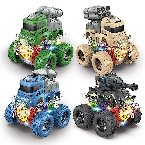 Yamaester Monster Trucks For Boys Light Up 4 Pack Push And Go Inertia Friction Powered Cars Pull Back Vehicles Toys, 360° Rotating Stunt Car For Kids 3,4,5,6 Year Old Birthday #TOP1