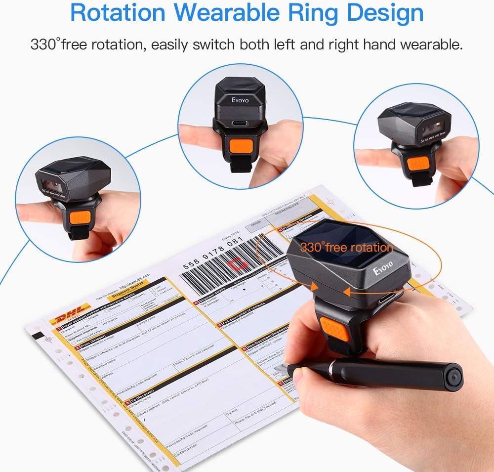 Eyoyo Wearable Finger Ring Barcode Scanner 3-in-1 Mini USB Wired 2.4G Wireless Bluetooth 1D QR Code Reader PDF417 Data Matrix