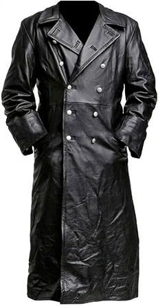 Mens Military German Classic Officer WW2 Faux Leather Trench Coat XS, Black
