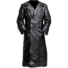 Mens Military German Classic Officer WW2 Faux Leather Trench Coat XL, Black
