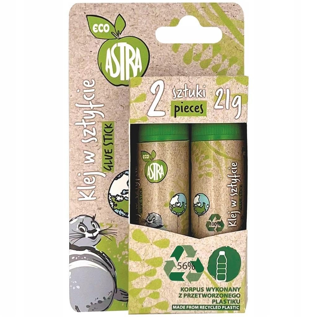 ASTRA Stick Glue Eco-Friendly, 21g, 2 Pieces in Blister, Water Washable, for Paper and Cardboard, 56% Processed Plastic Body